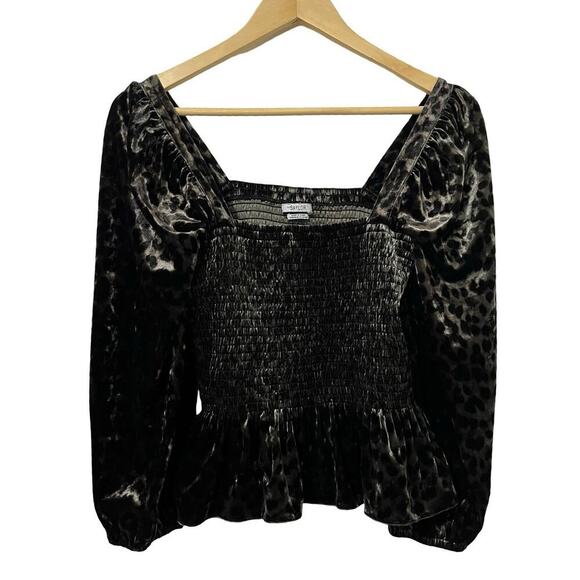 SAYLOR Velvet Animal Print Peplum Square Neck Top Size M Black Fairy Puff Sleeve - Picture 1 of 8